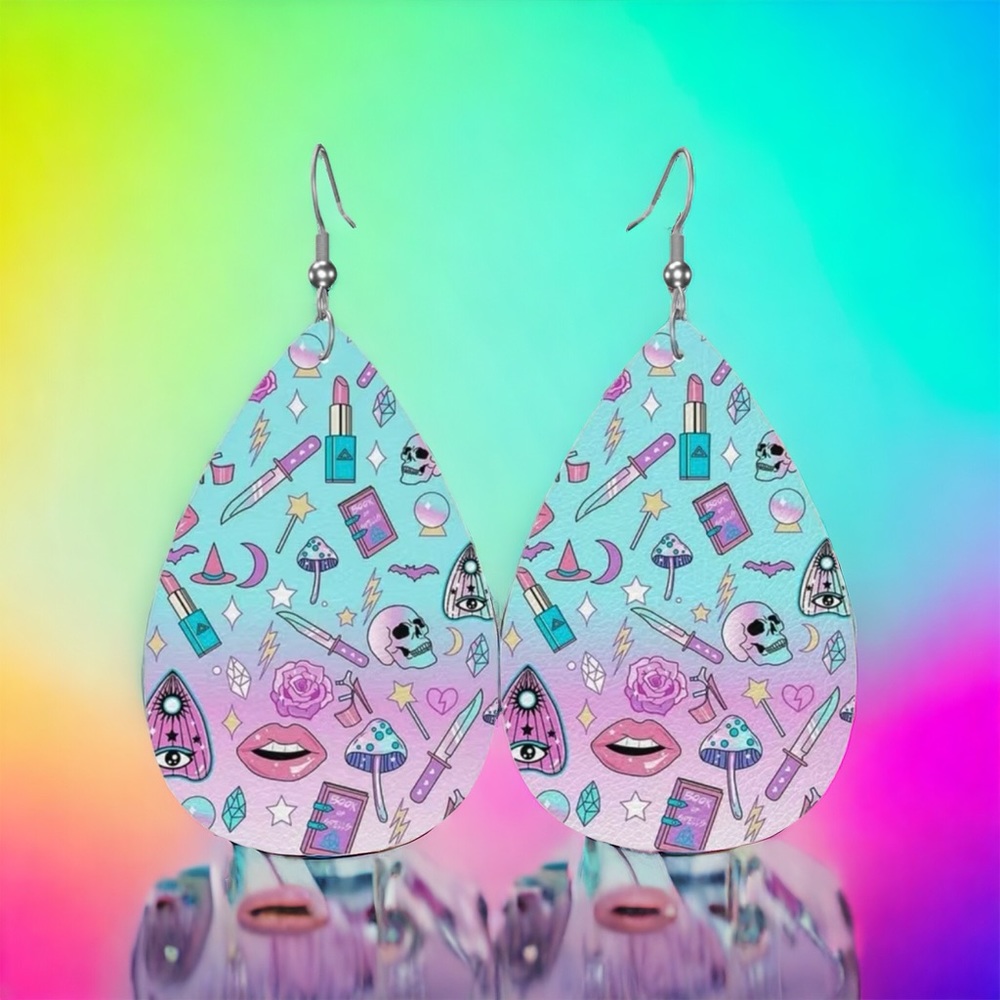 Gothic Colorful Skull Faux Leather Teardrop Halloween Earrings Faux Fashion Jewe
